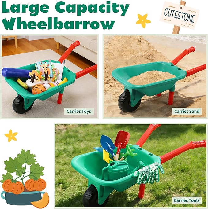 CUTE STONE Kids Gardening Set with Toy Wheelbarrow, Indoor & Outdoor Yard Play, Kids Garden Tools & Toddler Gardening Kit with Gloves, Pots & Watering Can, Educational Garden Toys for Boys & Girls