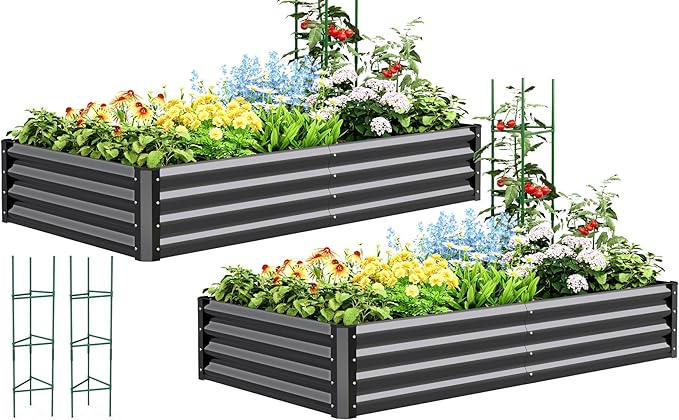 Quictent Galvanized Raised Garden Bed Metal Planter Box Bottomless for Backyard Outdoor, 6x3x1 Ft 2PCS, Dark Grey
