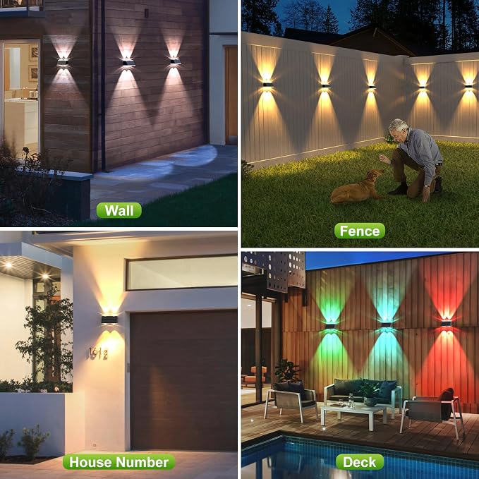 LANSOW Solar Fence Lights 2 Pack, Solar Powered Lights Outdoor Waterproof, 9-Mode Warm/Cool White & RGB Up-Down Led Spot Wall Lights Dusk to Dawn Decor for Backyard, Deck, Patio, Pool, Railing(White)
