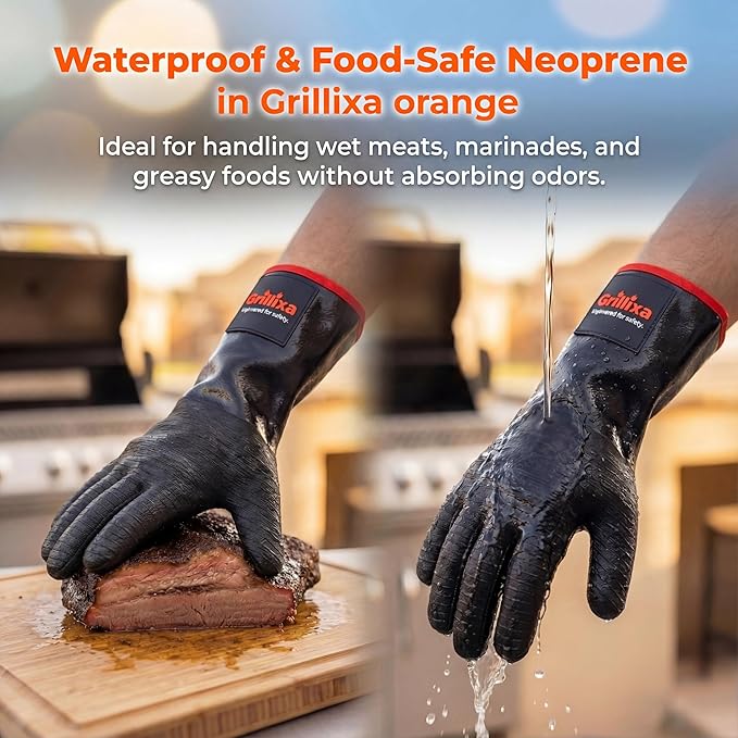 932°F Light Heat Resistant BBQ Gloves, 14-Inch Waterproof Neoprene Grill Gloves, Oil & Slip Resistant with Cotton Lining, for Oven, Smoker, Fire Pit, Rotisserie and BBQ Cooking