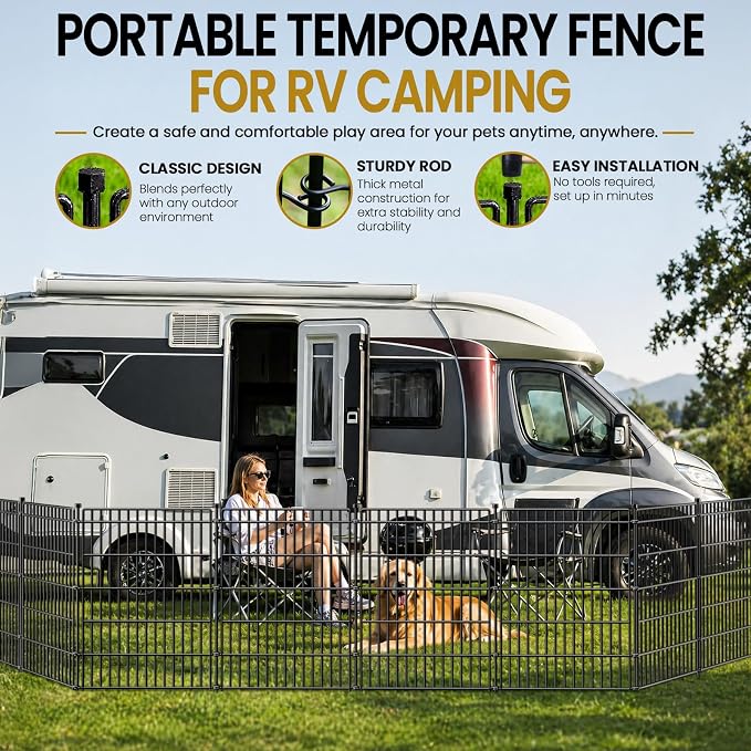 10 Panels No Dig Garden Fence with Gate, 28in(H) × 19.6ft(L) Decorative Metal Outdoor Dog Fence, Rustproof Pet Fencing for Yard, Patio, Flower Bed -Temporary Fencing| Easy to Install