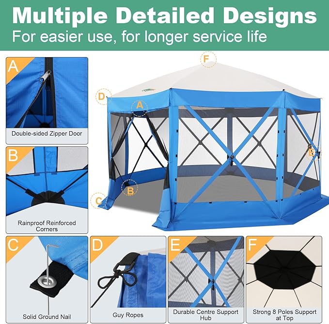 COBIZI 15x15 FT Pop Up Gazebo - Canopy Tent, Large Gazebos On Clearance,Instant Screened in Gazebo,carpas para Patio,Portable Screen Tents for 12-15 Persons Outdoor Camping, Backyard, Blue