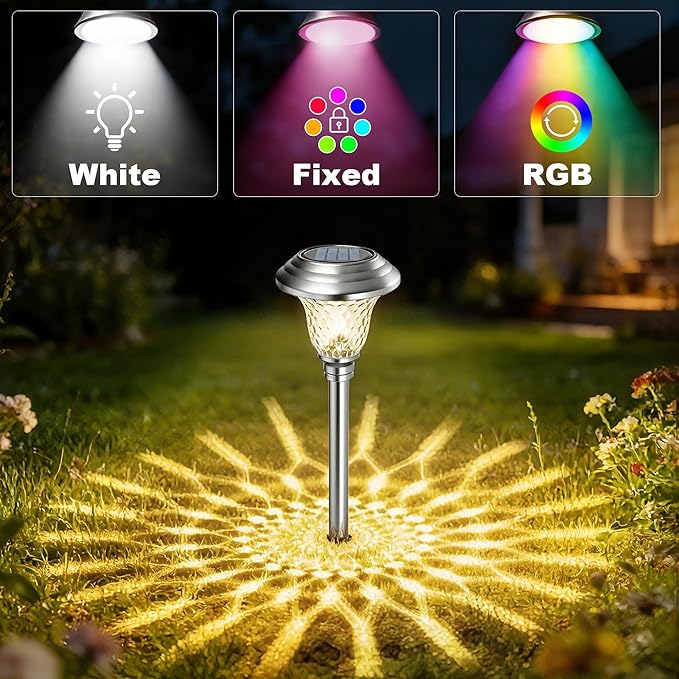 Beau Jardin 4 Pack Solar Pathway Lights White+ Color Changing Stainless Steel 3 Mode Outdoor Multicolor Metal Solar Powered Waterproof Glass for Garden Landscape Path Yard Walkway Driveway Silver