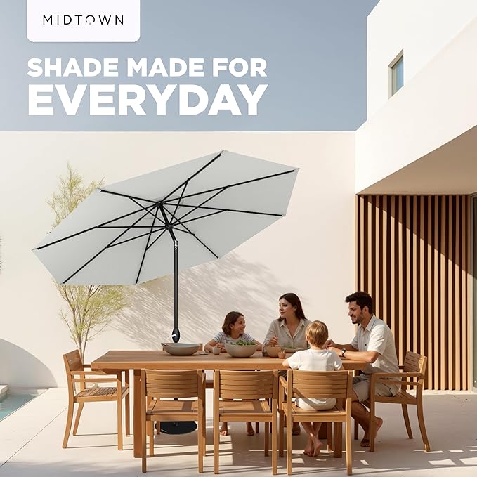 Midtown Umbrellas - 10-Year-No-Fade 9 Ft Patio Umbrella with Terylast Fabric, Auto-Tilt Aluminum Frame and 8 Reinforced Ribs for Deck, Pool, Garden & Beach - Off White Canopy, Black Pole