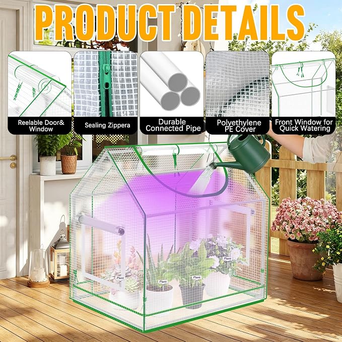 [CareForge] Mini Greenhouse Indoor with Grow Light & PE Bottom Mat, 27.5x19.6x27.1 Tabletop Greenhouse for Seed Starting, Portable Small Greenhouse for Outdoors, Multi-Window & 4 304 SS Labels