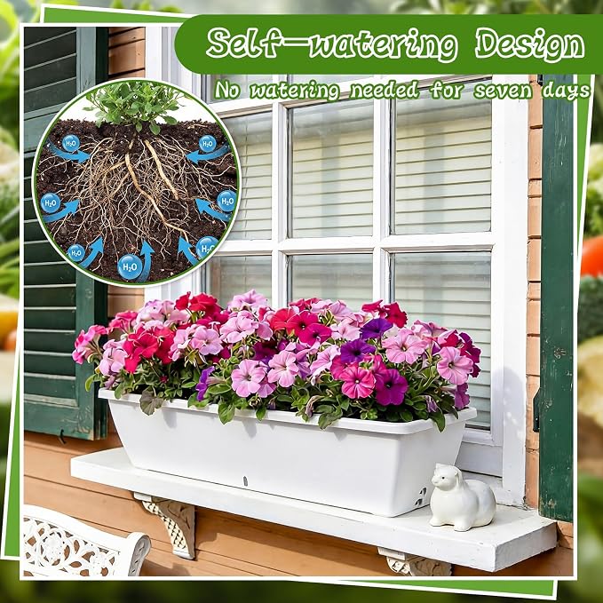 8 Pcs 24 Inch Plastic Flower Window Box Planter with Water Absorbing Net Drainage Holes & Visible Water Level Window, Rectangular Vegetable Flower Pots for Indoor Outdoor (White)