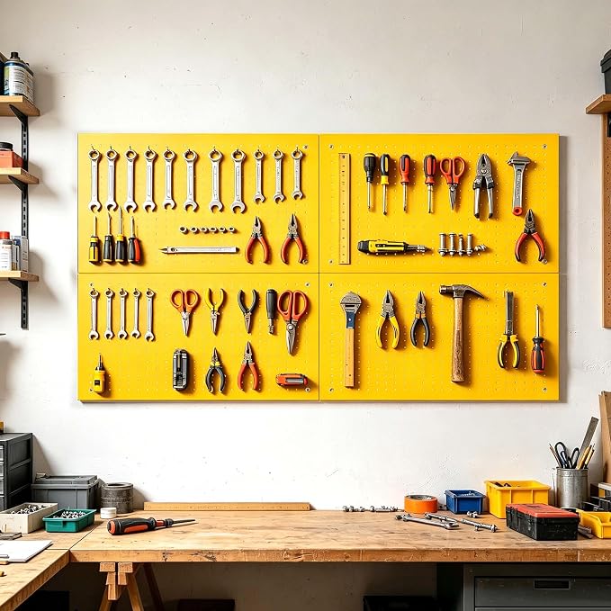Metal Pegboard Panels, Yellow, Heavy Duty | Wall Panels, For Garage and Garden Tool Storage, Includes Drywall Anchors and Screws Kits