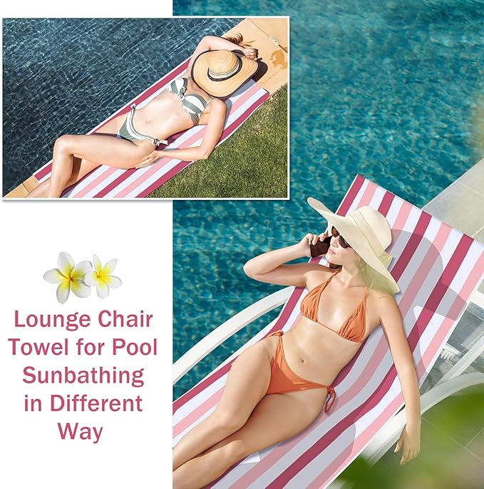 Fumete 2 Pack Lounge Chair Covers 30 x 85 Inch Pool Chaise Lounge Towels Microfiber Beach Chair Towel Portable Striped Outdoor Patio Furniture Cover for Sunbathing Picnic Spa(Pink and Dark Pink)