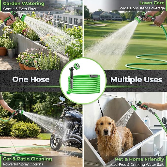 Garden Hose 50 Ft With 8-Pattern Spray Nozzle, 5/8" Lead-Free Flexible Water Hose With 3/4" Anodized Aircraft-Grade Aluminum Interface, Lightweight Kink-Resistant Water Pipe For Lawn, Yard, Outdoor