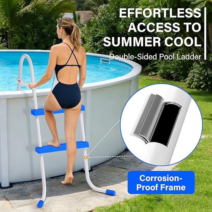 Heavy Duty Steel Frame Swimming Pool Ladder for Above Ground Pools, 2-Step Double-Sided Pool Stairs for 33.5" Height Pools, 450lbs Capacity with Anti-Slip Rubber Feet & Wide Steps