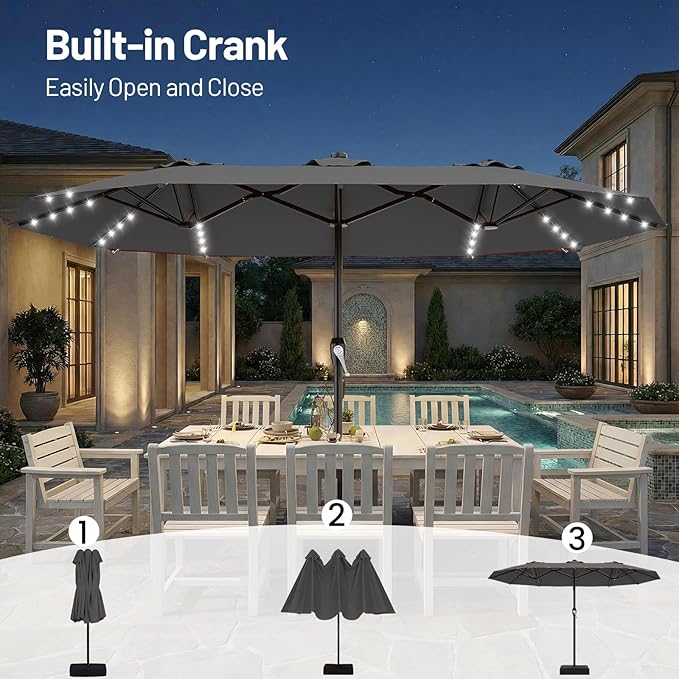 AreShark 15FT Patio Umbrella with Solar Lights, Double Sided Outdoor Table Umbrellas with Crank, Large Rectangular Market Umbrella for Porch, Lawn, Pool, Backyard, Gray