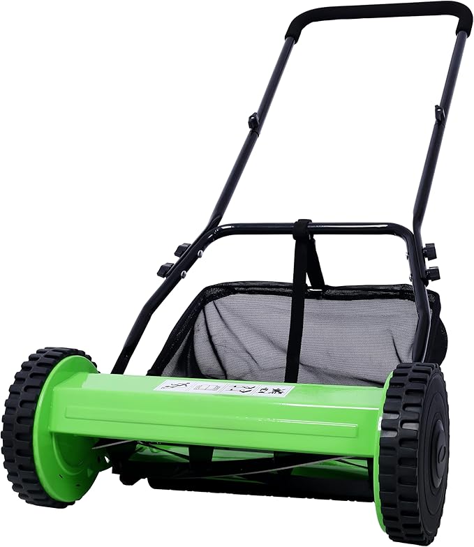 KEIKI 16-Inch Manual Lawn Mower, Push Reel Mowers w/Grass Catcher & Adjustable Cutting Height, 2-Wheels Small Lawnmower with 5 Steel Blades for Graden, Spaces Saving & Easy Assembly, Green