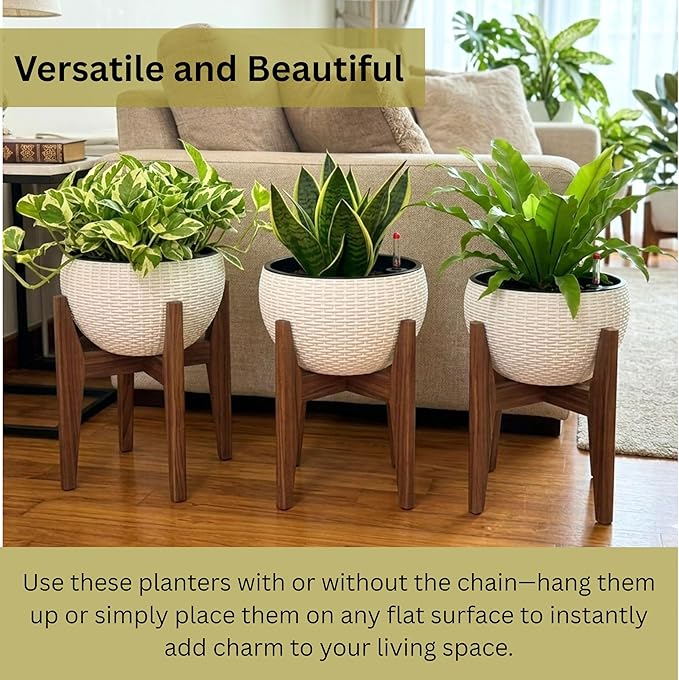 LaLaGreen Hanging Planters for Indoor Plants (11 Inch, 4 Pack) White Rattan Style Self-Watering Hanging Flower Pots with Water Level Indicator, Round Baskets Metal Chain for Balcony Patio Garden Decor