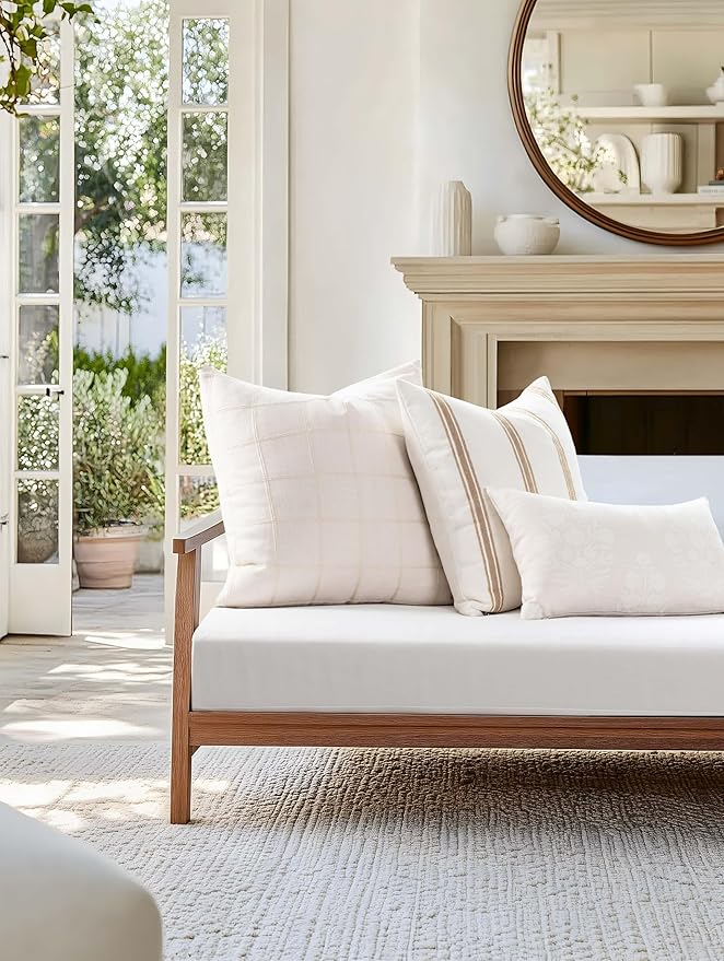 Crumbs Home Modern Farmhouse Fall Linen Indoor Outdoor Lumbar Pillow Cover Only, 12"x20" Water Repellent for Patio, Backyard, Couch, Neutral Beige Floral