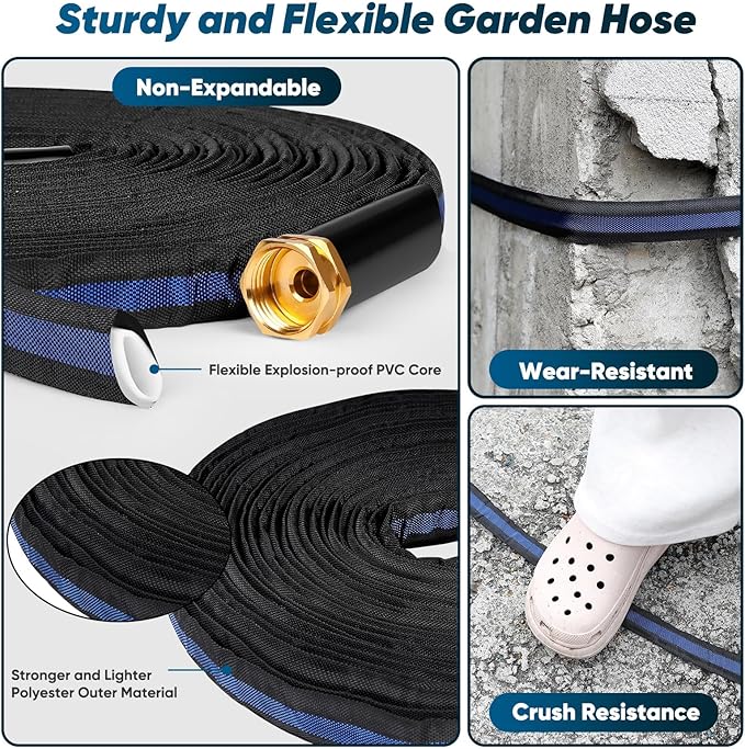 Garden Hose 100ft, Non-Expanding Water Hose, 8 Function Nozzle, Flexible Ultra-Light, Anti-Kink, Wear-Resistant, Portable, Easy Storage, Hose with 3/4 for Outdoor, Garden, Yard, Black Dark Blue