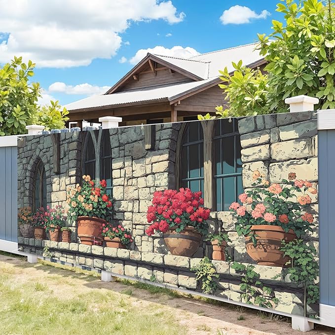 7 * 16FT Summer Garage Door Cover Decorations Sunset Palm Trees Garage Door Banner for Outdoor Indoor Summer Party Photography Backdrop (Flower pot-window, 7 * 16 ft)
