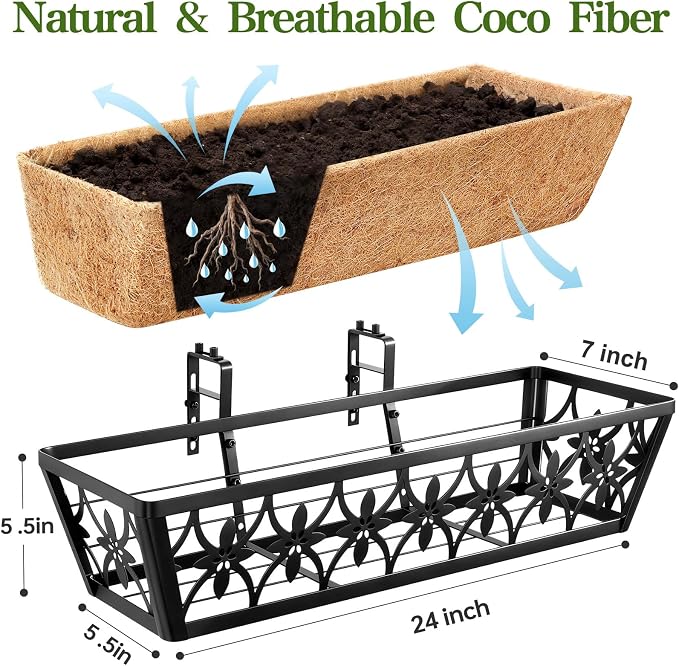 24 Inch Window Boxes Planters Railing Planter Box - 6 Pack Deck Railing Planter Boxes with Adjustable Brackets Coco Liners Balcony Planters Railing Hanging for Window Flower Boxes Outdoor Garden Decor