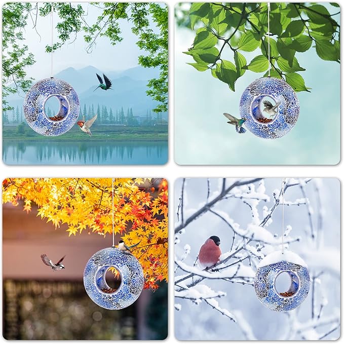 VCUTEKA Bird Feeder Mosaic Fly Through Bird Feeders for Outside Hanging with Round Shape Glass Container to Attract More Wild Birds for Garden, Yard, Backyard, Deck and Porch Decor, 8-Inch