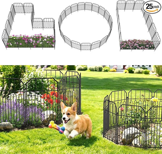 VANCASTLE Decorative Garden Fence, Toatal 25FT(L) x 21IN(H) Outdoor Metal No Dig Fence Animal Barrier, Rustproof No-Tool Assembly Landscape Edging for Yard, Lawn, Patio, Flower Bed-25 Panels Design I