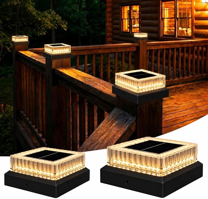 Solar Post Cap Lights Outdoor, 2 Pack Waterproof Fence Post Solar Lights 3000K with Fade-Proof Clear Lampshade Deck Post Lights Fit for 3x3 4x4 5x5 Vinyl/Wood Posts Garden Patio Porch
