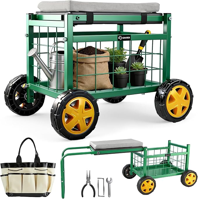 Saker Rolling Work Seat with Wheels - 15.7'' EVA Padded Stool, 400 lb Steel Frame, Large Storage Basket - Patio Lawn Backyard Cart for Gardening Tasks (Luxury Version)