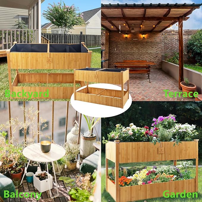 Raised Garden Bed - 2-Tier Elevated Planter Box for Herbs, Vegetables, Succulents & Flowers | 48x25x30 Inch Standing Growing Bed | Outdoor/Indoor Bamboo Planter