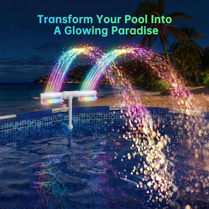 LED Pool Fountain with Remote, Rechargeable Waterfall Spray for Inground & Above Ground Pools, Fits 1.73" & 3.2" Return Jets, 20 Light Modes & Timers, 12H Long-Lasting Glow for Night Swimming Ambiance