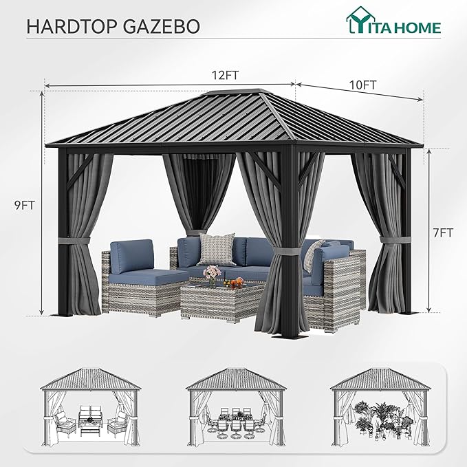 YITAHOME 10'X12' Single Hardtop Gazebo Metal Outdoor Patio Galvanized Iron Aluminum Column Garden Tent Curtains Netting for Backyards Decks Lawns,Gray