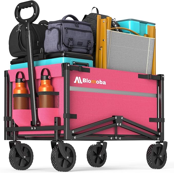 Blomoba Collapsible Wagon Cart, 220LBS Heavy Duty Collapsible Wagon with All-Terrain Wheels 360° Rotation, Flexible Handle, Portable Utility Cart for Grocery Sports Garden Shopping Camping Beach, Pink