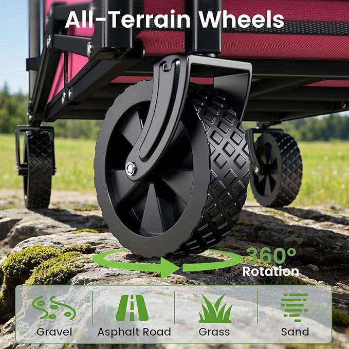 Blomoba Collapsible Wagon Cart, 220LBS Heavy Duty Collapsible Wagon with All-Terrain Wheels 360° Rotation, Flexible Handle, Portable Utility Cart for Grocery Sports Garden Shopping Camping Beach, Pink