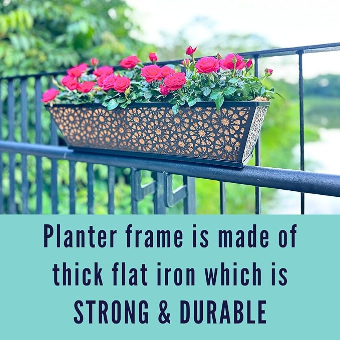 LaLaGreen Window Planter Boxes Outdoor (24 Inch, 4 Pack) Large Fence Hanging Planters Outdoor Plants, Metal Deck Railing Flower Box with Coco Liner, Modern Horse Troughs Balcony Pots Patio Porch Rail