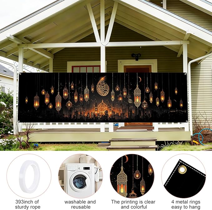 Ramadan Mubarak Fence Banner 118 x 35 Inch, Large Waterproof Outdoor Islamic Banner with Hanging Lanterns, Crescent Moon & Arabic Calligraphy for Yard Porch Fence Eid Ramadan Decorations