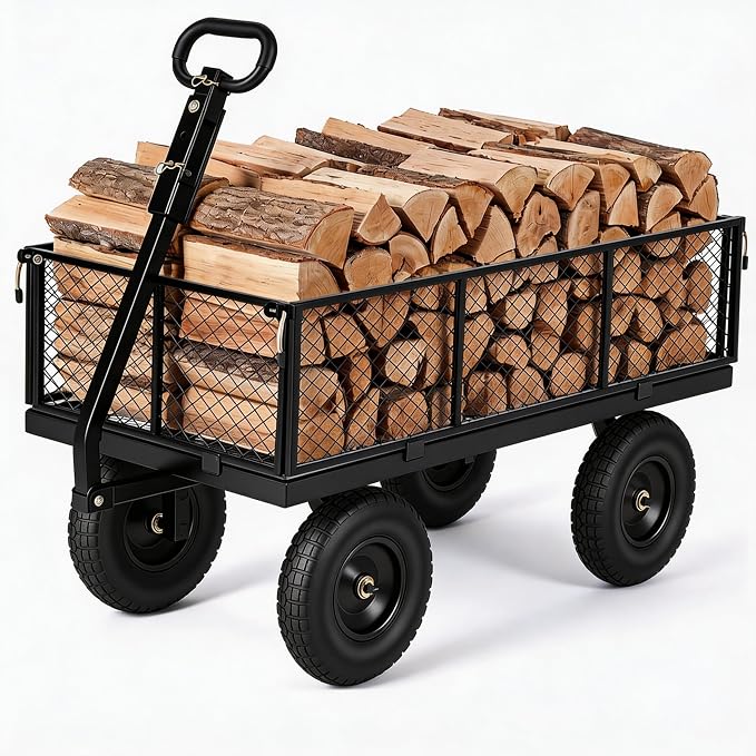 GarveeTech 1000LBS Heavy Duty Steel Garden Cart, Garden Wagon Cart on Wheels, Metal Yard Utility Wagon with Removable Mesh Sides, 13" All Terrain Tires, 180° Rotating Handle for Lawn, Garden, Farm