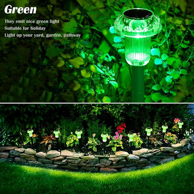 Priddop Solar Lights Outdoor Waterproof 8 Pack LED Green Stake Mushroom | Yard Pathway Garden Decorative Patio Landscape Path Walkway Spike Pattern Acrylic Cap ABS Stake Outside Halloween Decor
