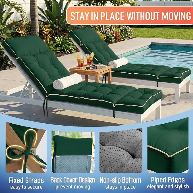 MAGIC ELEPHANT Chaise Lounge Cushion Outdoor, Memory Foam Patio Lounge Chair Cushion with Ties for Outdoor Furniture, 74 x 22 x 4 Inch (Green)