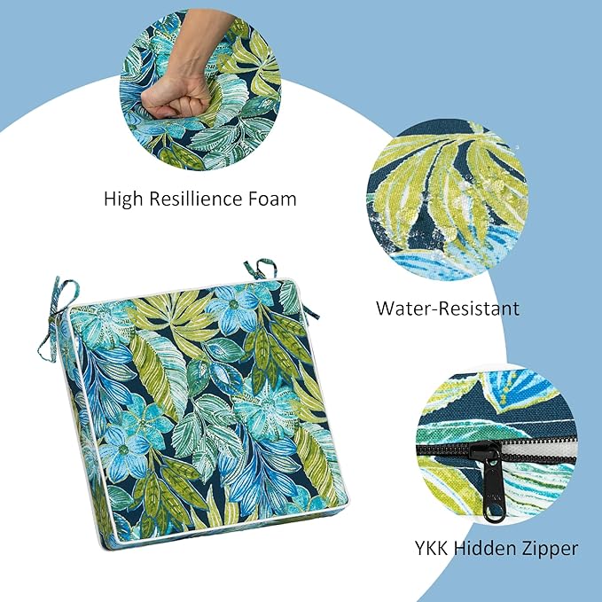 COZYVIDA Outdoor Chair Cushions Set of 4, 20"x20" Square Seat Pads with Tie Straps and YKK Zippers, 30D High-Density Foam, Water-Resistant Fabric,UV-Resistant 1000+ Hrs