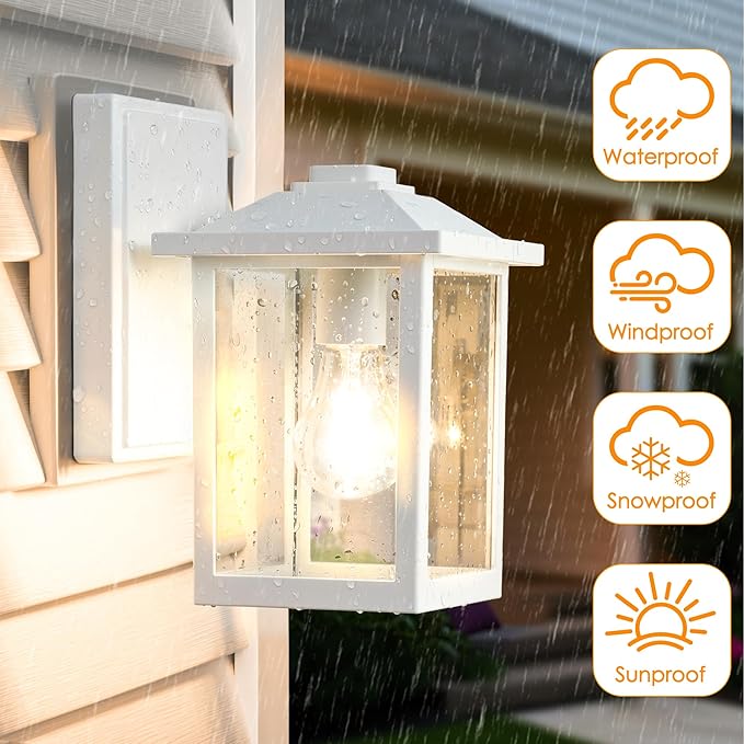 MATAMEYE Outdoor Wall Lantern, Exterior Waterproof Wall Sconce Light Fixture, White Front Door Mounted Lighting with Glass, Anti-Rust Porch Lamp