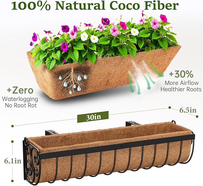 VOXOR Railing Planter Boxes, 30 Inch Window Boxes Planters, Balcony Planters with Adjustable Brackets & Coco Liner & Support Rod for Outdoor Fence, Deck, Porch, and Patio Gardening, 3 Pack