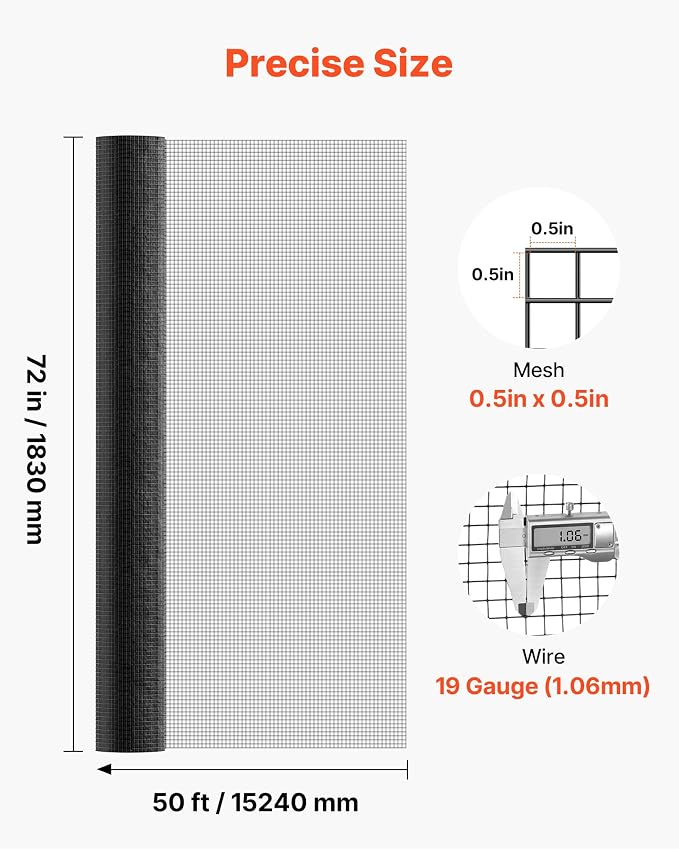 VEVOR Hardware Cloth 72 in x 50 ft, 1/2 in 19 Gauge Galvanized Wire Mesh Roll, Weather-Resistant Vinyl Coated Chicken Wire Fencing, Heavy Duty Welded Garden Plant Fencing for Rabbit Cage Snake Fence