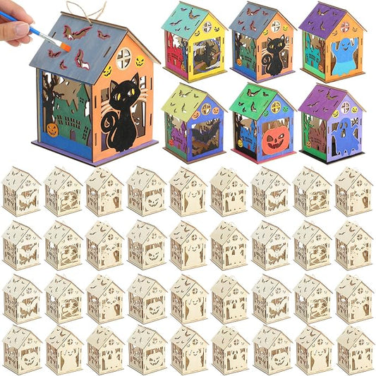 DoubleFill 36 Set Halloween Bird House Kits, Buildable DIY Birdhouse for Children, Wooden House, Arts and Crafts Set for Kids Adults Painting Halloween Party Decoration