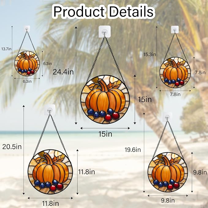 DASTOLL Stained Glass Window Hanging Fall Pumpkin Berries Large 15" - Suncatcher Door Garden Kitchen Sunroom Sun Catcher Autumn Home Decor Birthday for Mom Grandma Men Woman