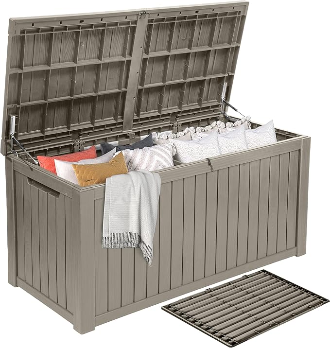 DWVO 220 Gallon Extra-Large Patio Deck Box, Waterproof Resin Outdoor Storage Box with Removable Divider for Patio, Garden, Pool, Furniture and Tools, Light Brown