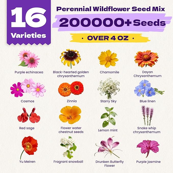 200,000+ Wildflower Seeds Bulk (4oz) – 16 Varieties Perennial & Annual Mix, Non-GMO Heirloom Seeds, Attract Bees, Butterflies & Hummingbirds, High Germination for Indoor/Outdoor Pollinator Garden