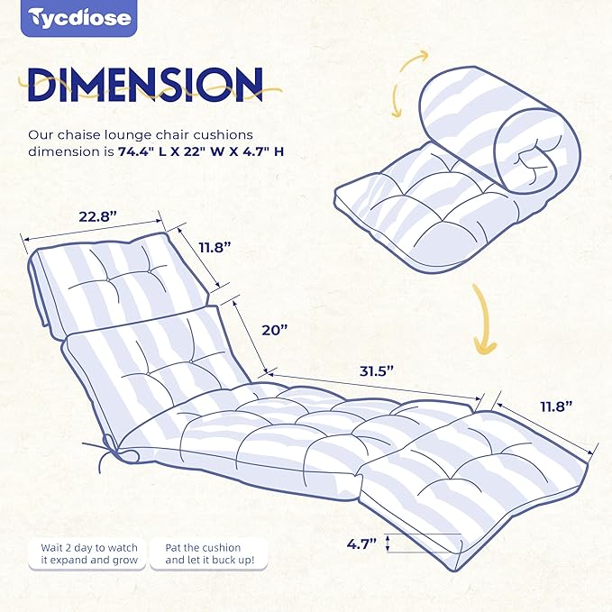 Outdoor Chaise Lounge Chair Cushion Waterproof 74.4 x 22 x 4.7 Inches Memory Foam Lounge Chair Cushions for Outdoor Furniture with Ties, Thickened Pool Lounge Chair Cushion, Stripe Blue&White