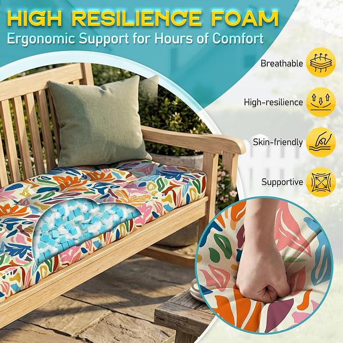 Outdoor Bench Cushion, Tufted Patio Seat Pad for Garden Bench, Porch Swing, Indoor/Outoor Furniture (Multi Color Print, 48X18X4 inch)