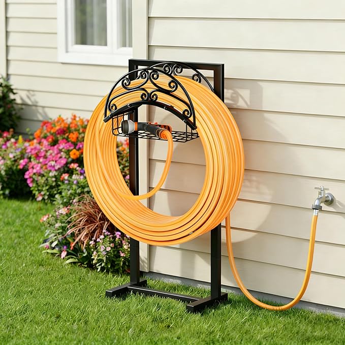 Gayuteay Garden Hose Holder – Upgraded Water Hose Stand with Storage Basket Holds 151ft, Heavy Duty Freestanding Garden Hanger Storage Rack for Outside Yard Lawn Farm