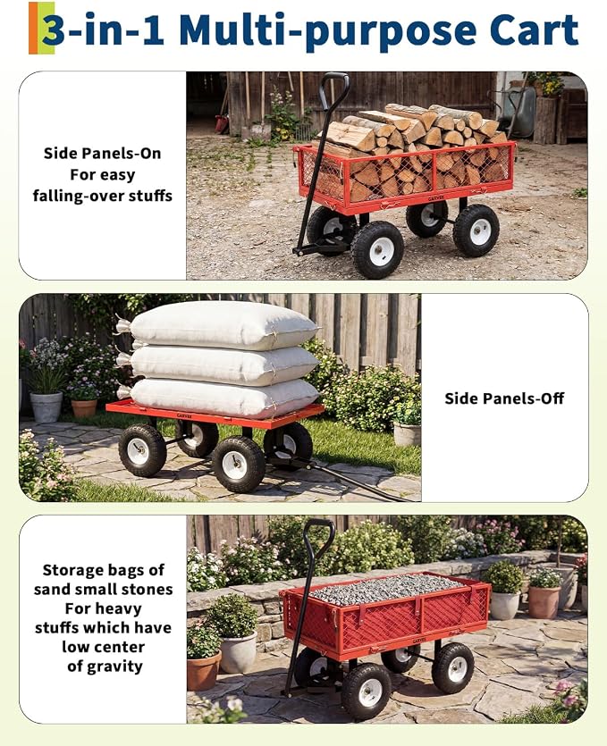 Garvee Versatile Outdoor Utility Cart-400LBS Heavy-Duty, 10" All-Terrain Pneumatic Tires, Easy Maneuverable Lawn Cart with Removable Mesh Panels for Gardening&Landscaping, Red, with Waterproof Liner