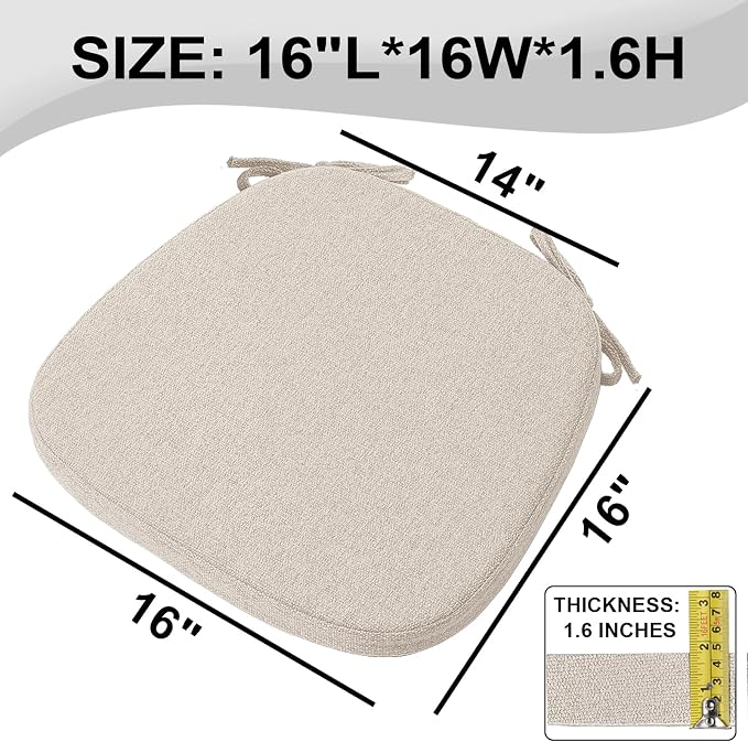 SINOSSO 6 Pack Memory Foam Chair Cushions for Dining Chairs, Friendly Woven Fabric 16" U-Shape Comfortable Kitchen Chair Pads, Removable Slip Resistant Seat Cushions (Set of 6, Oatmeal Beige)