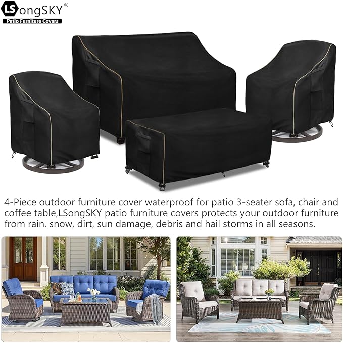 Patio Furniture Covers 4 Piece Set, 600D Heavy Duty Outdoor Furniture Covers Waterproof for Patio 3-Seater Sofa,Swivel Rocker Chair and Coffee Table Furniture Set,Black