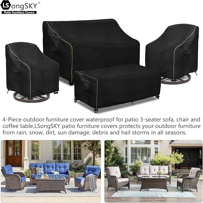 Patio Furniture Covers 4 Piece Set, 600D Heavy Duty Outdoor Furniture Covers Waterproof for Patio 3-Seater Sofa,Swivel Rocker Chair and Coffee Table Furniture Set,Black,XX-Large